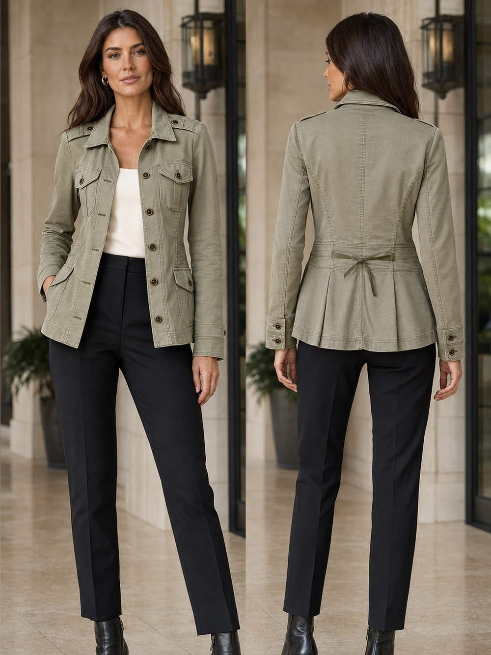 White House Black Market Olive Military Utility Peplum Jacket Size 6
